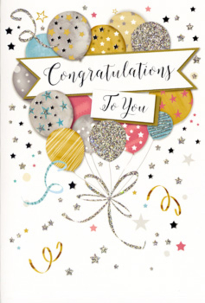 The congratulations card in the image captures the quiet thrill of a milestone celebrated in Chigwell, with a design that feels both contemporary and timeless. At the heart of the card, a cluster of balloons rises upward, overlapping in a gentle cascade of colour: muted gold, soft silver, champagne beige, powder blue, blush pink, and subtle stone grey. Each balloon wears its own decoration-minuscule glittery stars, fine diagonal stripes, or delicate speckling-rendered in metallic gold and silver ink that gives them a faint, dignified shimmer, like sunlight glancing off windows along Manor Road on a calm afternoon. Fine curling strings spill down from the balloons, illustrated with subtle highlights that create a sense of depth, as if you could almost pinch them between your fingers. The strings cross and intertwine, echoing the way florists twist ribbon tails when finishing a celebratory hand-tied bouquet. Across the centre, a softly arched banner stretches from side to side, carrying the phrase Congratulations To You in flowing script, the lettering generous and balanced, suggesting sincerity and composure. Around this focal point, the pale background is gently animated by scattered metallic stars and looping streamers that mimic the joyful energy of a surprise party in a Chigwell living room or garden, right after a big announcement. The card's surface appears smooth with selective areas of raised, glossy print, evoking a subtle tactile pleasure when held. As a florist used to pairing cards with fresh, fragrant arrangements for same-day delivery across Chigwell, this design feels ideal for graduations, promotions, exam results, or any achievement where understated glamour and heartfelt pride are exactly what you wish to express.