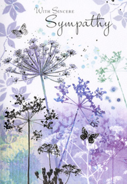 The design of this sympathy card unfolds like a whispered conversation with nature, the kind you might sense on an early walk through the green spaces around Chigwell. Tall, spidery stems rise gracefully from the base of the image, each topped with delicate, umbelliferous flower heads traced in shades of lavender, dusky violet, and soft blue. The petals and seed clusters are rendered as airy silhouettes, with just enough detail to suggest their lace-like structure without weighing them down. They seem to sway in a breeze you cannot feel, giving the whole scene a quiet, living rhythm. Around the blooms, faint washes of silvery green, misty mauve, and cool grey blur into one another, reminiscent of morning fog lifting over the fields near Chigwell Row. Two or three butterflies drift gently between the stems, their wings barely coloured, as if made of light instead of pigment, hinting at transformation, continuity, and the gentle presence of those who have gone before us. The composition is open and uncluttered, leaving space for reflection, like a sheltered corner in a nearby churchyard. Nothing shouts for attention; everything murmurs calm and compassion. As a florist accustomed to creating tributes for local families, I can feel how this card pairs naturally with soft-toned sympathy flowers, offering comfort without intrusion. Its colours, cool yet comforting, and its subtle, nature-inspired illustration make it a considerate companion to condolence deliveries across Chigwell, whether sent to a quiet home on Manor Road or to a funeral gathering nearby.